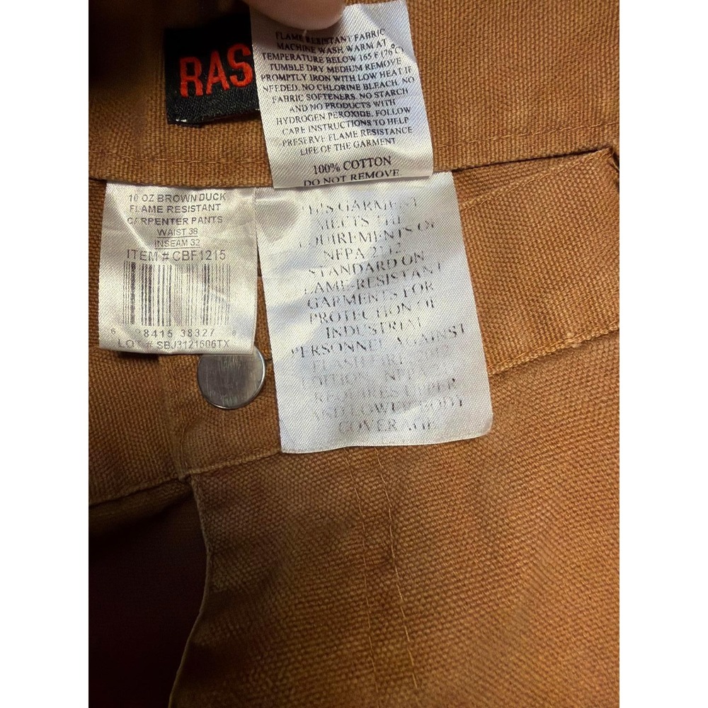 Rasco FR Carpenter Pants Mens 38x32 Brown Duck Flame Resistant Workwear CBF1215 - Picture 6 of 9